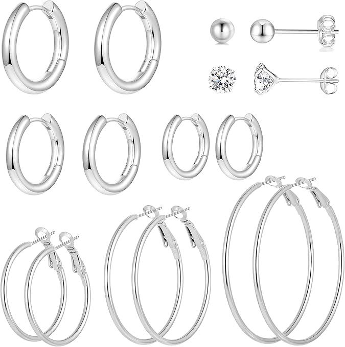 Gold Silver Plated Hoop Earrings for Women, Hypoallergenic Stainless Steel Gold Hoops Silver Hoop Earrings Set, Lightweight Large Small Hoops Women Earrings Loop Earrings Set EH-012