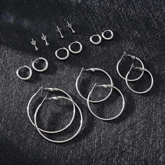 Gold Silver Plated Hoop Earrings for Women, Hypoallergenic Stainless Steel Gold Hoops Silver Hoop Earrings Set, Lightweight Large Small Hoops Women Earrings Loop Earrings Set EH-012