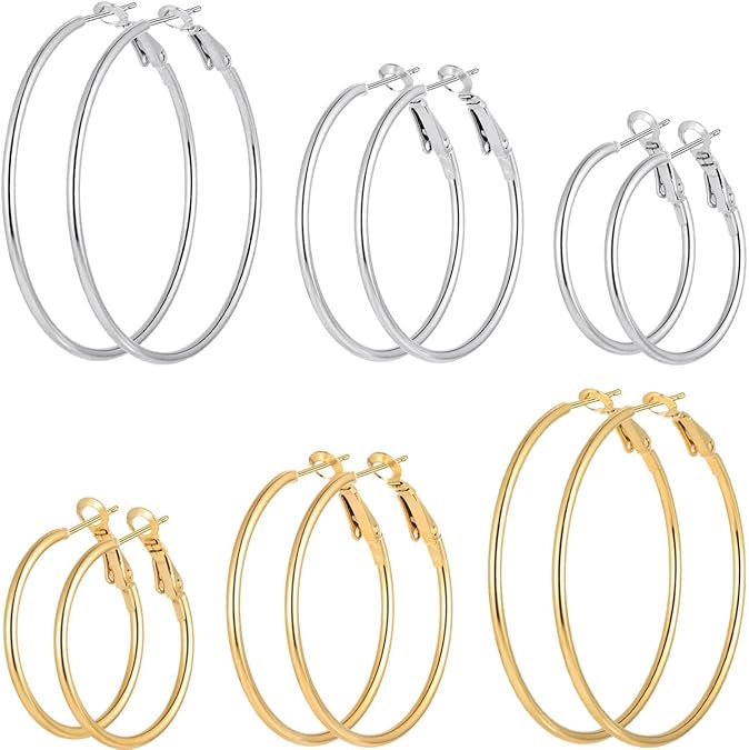 Gold Silver Plated Hoop Earrings for Women, Hypoallergenic Stainless Steel Gold Hoops Silver Hoop Earrings Set, Lightweight Large Small Hoops Women Earrings Loop Earrings Set EH-012