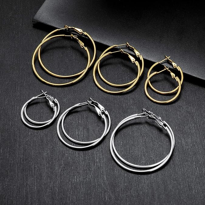 Gold Silver Plated Hoop Earrings for Women, Hypoallergenic Stainless Steel Gold Hoops Silver Hoop Earrings Set, Lightweight Large Small Hoops Women Earrings Loop Earrings Set EH-012