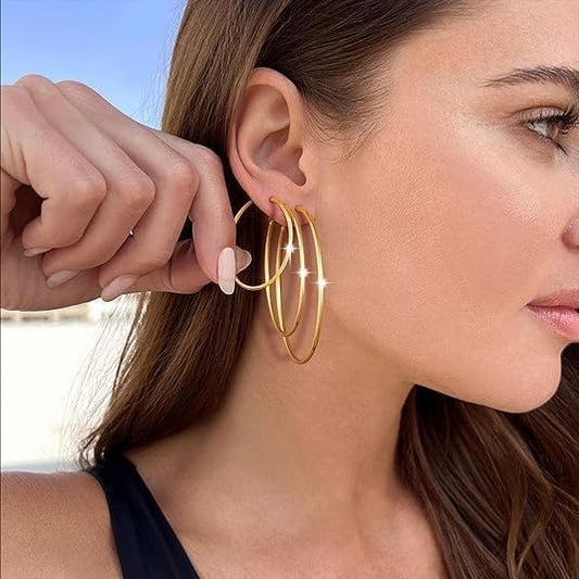 Gold Silver Plated Hoop Earrings for Women, Hypoallergenic Stainless Steel Gold Hoops Silver Hoop Earrings Set, Lightweight Large Small Hoops Women Earrings Loop Earrings Set EH-012