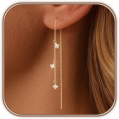 Dangle Earrings for Women 14K Gold Plated Threader Earring Trendy Hypoallergenic CZ/Clover Dangly Drop Chain Earrings for Wedding EH-013