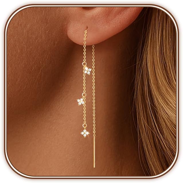Dangle Earrings for Women 14K Gold Plated Threader Earring Trendy Hypoallergenic CZ/Clover Dangly Drop Chain Earrings for Wedding EH-013
