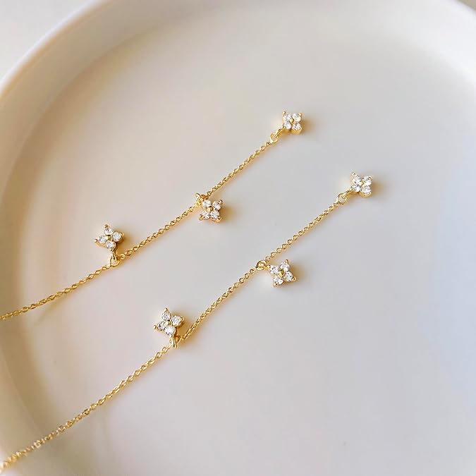 Dangle Earrings for Women 14K Gold Plated Threader Earring Trendy Hypoallergenic CZ/Clover Dangly Drop Chain Earrings for Wedding EH-013