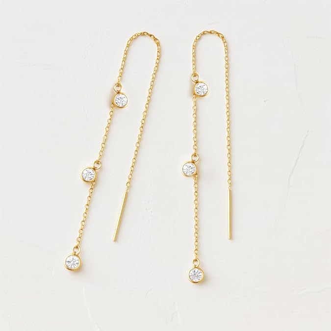 Dangle Earrings for Women 14K Gold Plated Threader Earring Trendy Hypoallergenic CZ/Clover Dangly Drop Chain Earrings for Wedding EH-013
