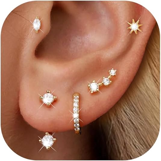 Gold Stud Earrings for Women, 6 Pairs 14K Hypoallergenic Cartilage Earrings for Multiple Piercing, Dainty Small Stackable Gold Earrings Jewelry Set EH-014