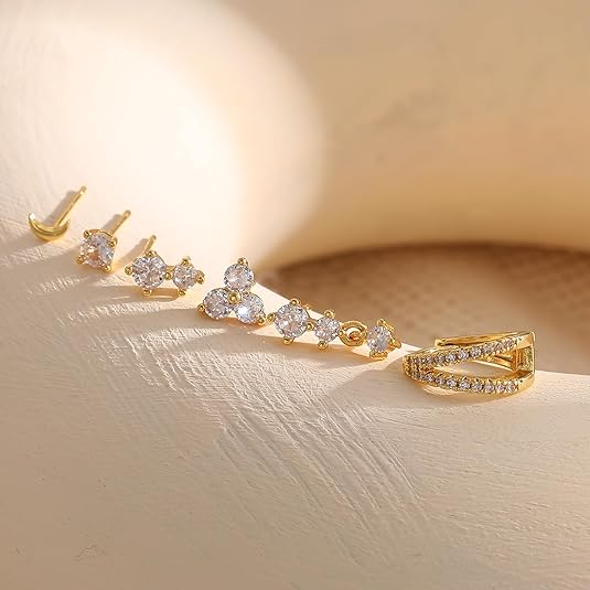 Gold Stud Earrings for Women, 6 Pairs 14K Hypoallergenic Cartilage Earrings for Multiple Piercing, Dainty Small Stackable Gold Earrings Jewelry Set EH-014