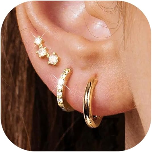 Gold Stud Earrings for Women, 6 Pairs 14K Hypoallergenic Cartilage Earrings for Multiple Piercing, Dainty Small Stackable Gold Earrings Jewelry Set EH-014