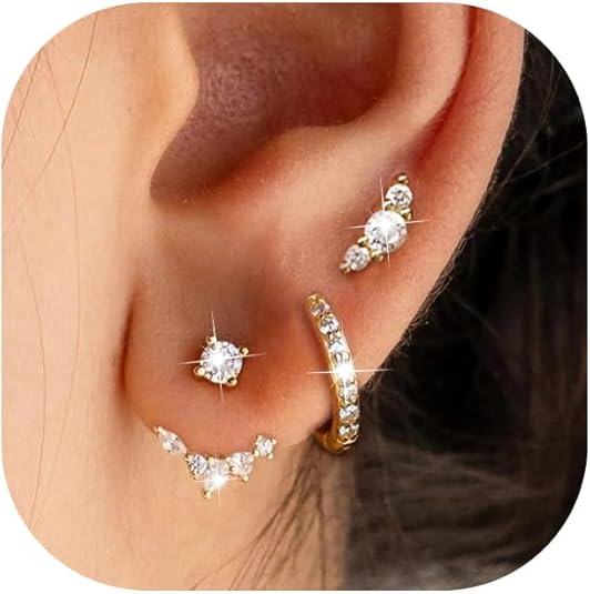 Gold Stud Earrings for Women, 6 Pairs 14K Hypoallergenic Cartilage Earrings for Multiple Piercing, Dainty Small Stackable Gold Earrings Jewelry Set EH-014