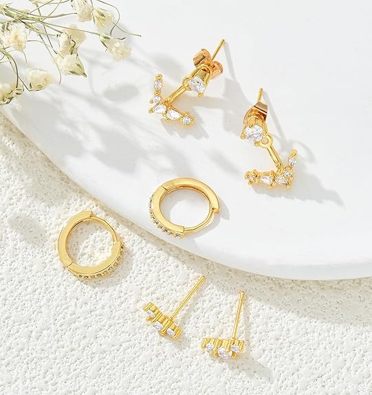 Gold Stud Earrings for Women, 6 Pairs 14K Hypoallergenic Cartilage Earrings for Multiple Piercing, Dainty Small Stackable Gold Earrings Jewelry Set EH-014