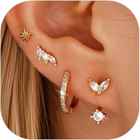 Gold Stud Earrings for Women, 6 Pairs 14K Hypoallergenic Cartilage Earrings for Multiple Piercing, Dainty Small Stackable Gold Earrings Jewelry Set EH-014