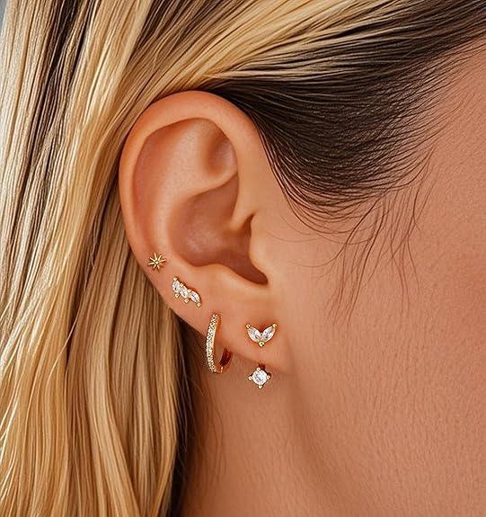 Gold Stud Earrings for Women, 6 Pairs 14K Hypoallergenic Cartilage Earrings for Multiple Piercing, Dainty Small Stackable Gold Earrings Jewelry Set EH-014