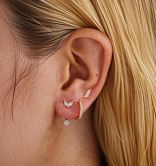 Gold Stud Earrings for Women, 6 Pairs 14K Hypoallergenic Cartilage Earrings for Multiple Piercing, Dainty Small Stackable Gold Earrings Jewelry Set EH-014