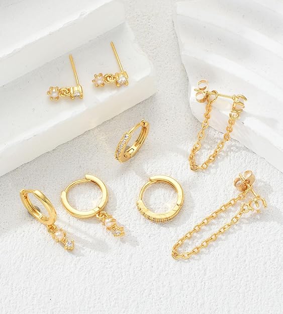 Gold Stud Earrings for Women, 6 Pairs 14K Hypoallergenic Cartilage Earrings for Multiple Piercing, Dainty Small Stackable Gold Earrings Jewelry Set EH-014