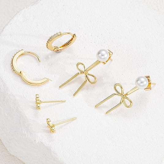Gold Stud Earrings for Women, 6 Pairs 14K Hypoallergenic Cartilage Earrings for Multiple Piercing, Dainty Small Stackable Gold Earrings Jewelry Set EH-014