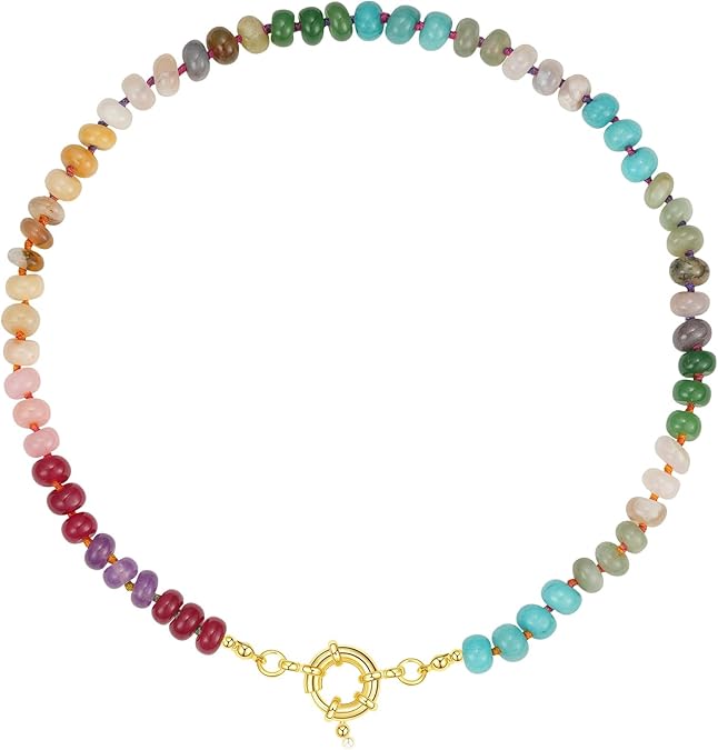 Beaded Gemstone Necklace for Women, Colorful Boho Bead Choker Natural Stone Surfer Beach Necklaces 14K Gold Plated Summer Handmade Jewelry XL-033