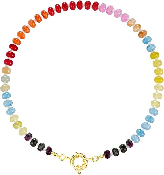 Beaded Gemstone Necklace for Women, Colorful Boho Bead Choker Natural Stone Surfer Beach Necklaces 14K Gold Plated Summer Handmade Jewelry XL-033