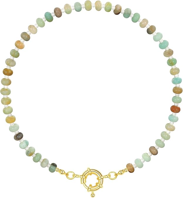 Beaded Gemstone Necklace for Women, Colorful Boho Bead Choker Natural Stone Surfer Beach Necklaces 14K Gold Plated Summer Handmade Jewelry XL-033