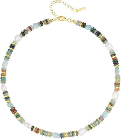 Beaded Gemstone Necklace for Women, Colorful Boho Bead Choker Natural Stone Surfer Beach Necklaces 14K Gold Plated Summer Handmade Jewelry XL-033