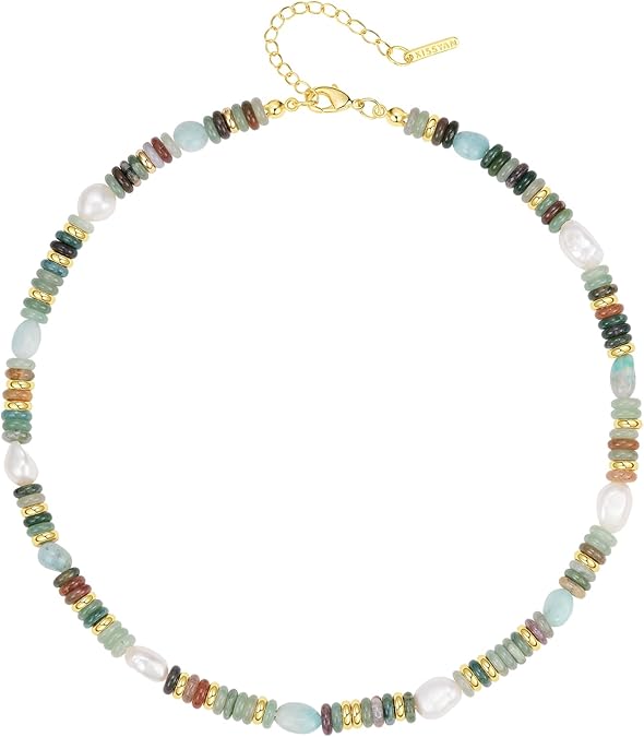 Beaded Gemstone Necklace for Women, Colorful Boho Bead Choker Natural Stone Surfer Beach Necklaces 14K Gold Plated Summer Handmade Jewelry XL-033