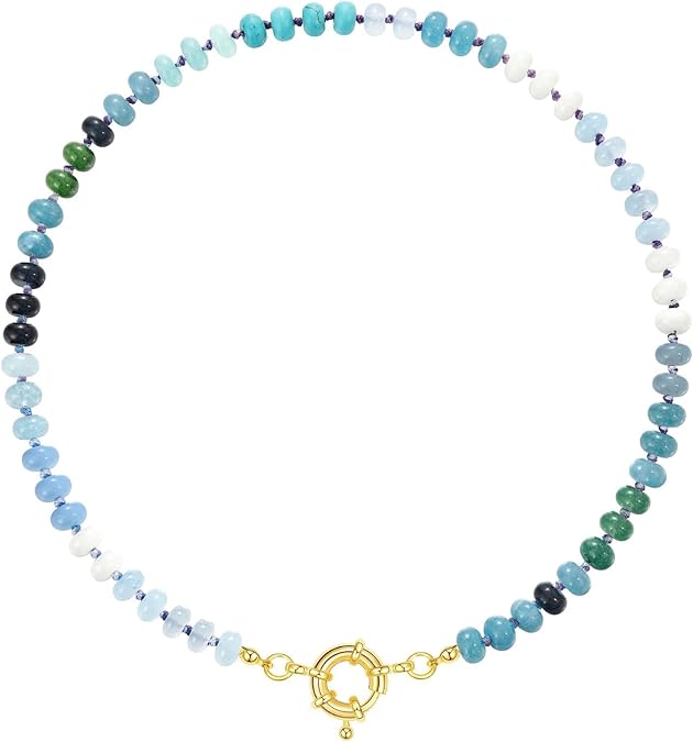 Beaded Gemstone Necklace for Women, Colorful Boho Bead Choker Natural Stone Surfer Beach Necklaces 14K Gold Plated Summer Handmade Jewelry XL-033