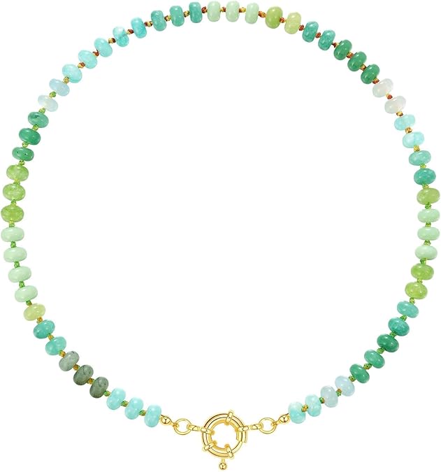 Beaded Gemstone Necklace for Women, Colorful Boho Bead Choker Natural Stone Surfer Beach Necklaces 14K Gold Plated Summer Handmade Jewelry XL-033