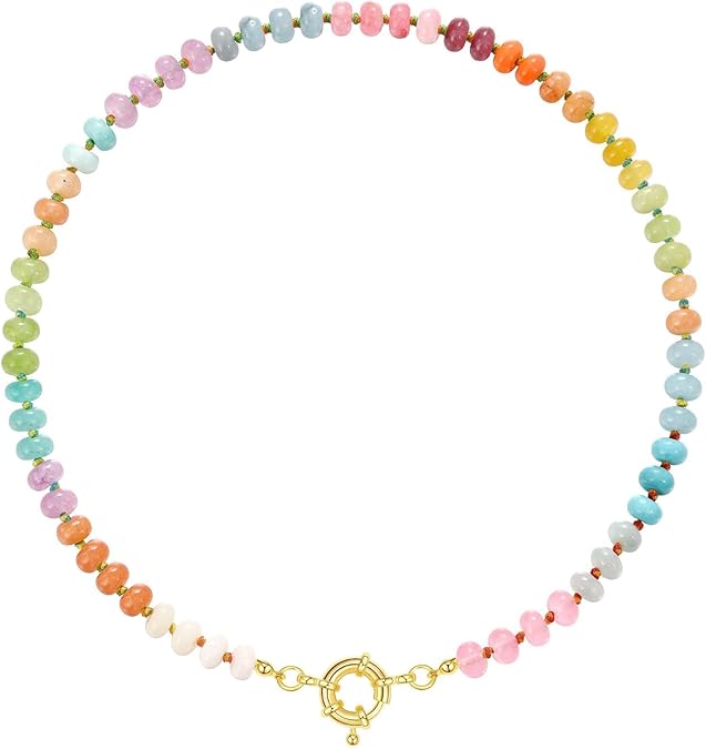 Beaded Gemstone Necklace for Women, Colorful Boho Bead Choker Natural Stone Surfer Beach Necklaces 14K Gold Plated Summer Handmade Jewelry XL-033