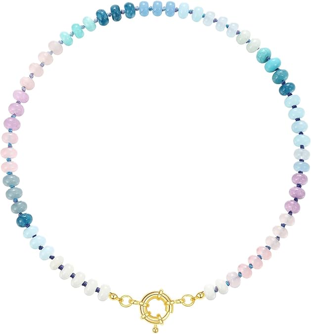 Beaded Gemstone Necklace for Women, Colorful Boho Bead Choker Natural Stone Surfer Beach Necklaces 14K Gold Plated Summer Handmade Jewelry XL-033