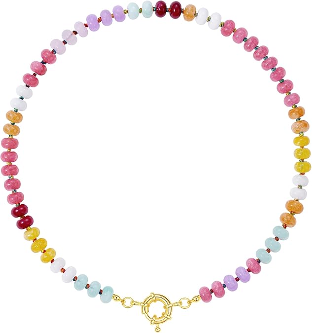 Beaded Gemstone Necklace for Women, Colorful Boho Bead Choker Natural Stone Surfer Beach Necklaces 14K Gold Plated Summer Handmade Jewelry XL-033