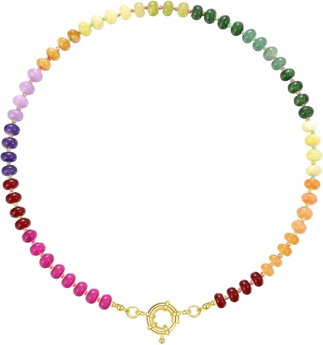 Beaded Gemstone Necklace for Women, Colorful Boho Bead Choker Natural Stone Surfer Beach Necklaces 14K Gold Plated Summer Handmade Jewelry XL-033