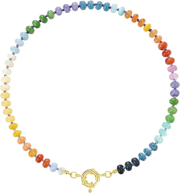 Beaded Gemstone Necklace for Women, Colorful Boho Bead Choker Natural Stone Surfer Beach Necklaces 14K Gold Plated Summer Handmade Jewelry XL-033