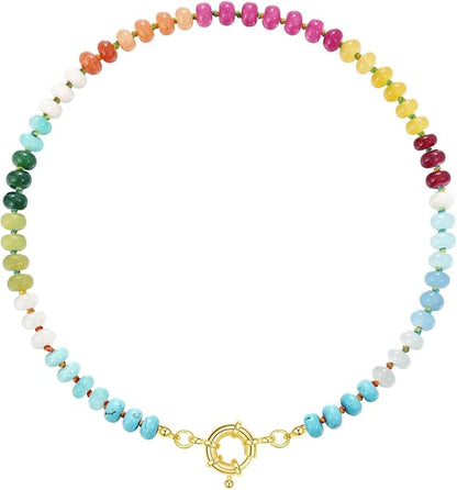 Beaded Gemstone Necklace for Women, Colorful Boho Bead Choker Natural Stone Surfer Beach Necklaces 14K Gold Plated Summer Handmade Jewelry XL-033