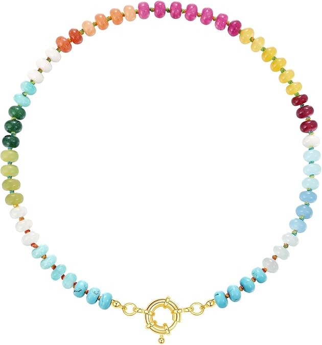 Beaded Gemstone Necklace for Women, Colorful Boho Bead Choker Natural Stone Surfer Beach Necklaces 14K Gold Plated Summer Handmade Jewelry XL-033