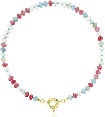 Beaded Gemstone Necklace for Women, Colorful Boho Bead Choker Natural Stone Surfer Beach Necklaces 14K Gold Plated Summer Handmade Jewelry XL-033