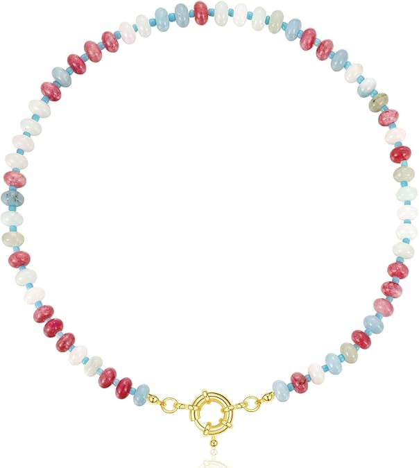 Beaded Gemstone Necklace for Women, Colorful Boho Bead Choker Natural Stone Surfer Beach Necklaces 14K Gold Plated Summer Handmade Jewelry XL-033