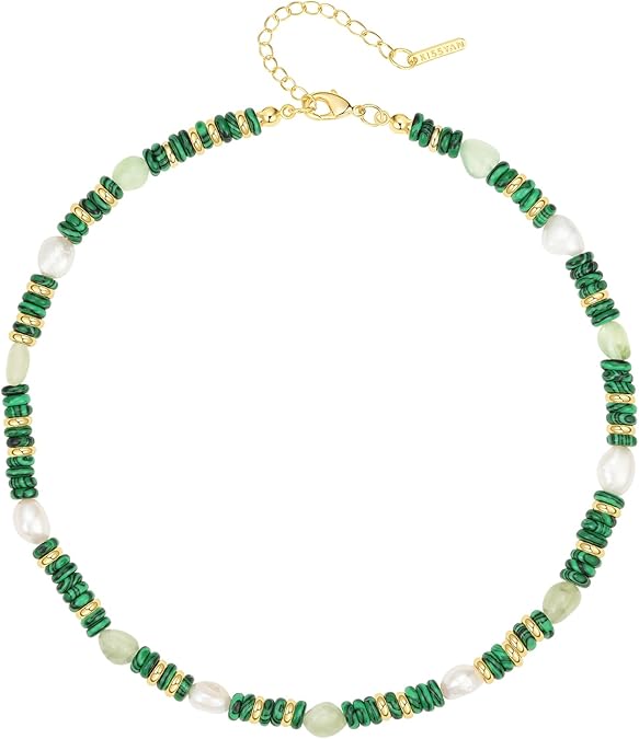 Beaded Gemstone Necklace for Women, Colorful Boho Bead Choker Natural Stone Surfer Beach Necklaces 14K Gold Plated Summer Handmade Jewelry XL-033