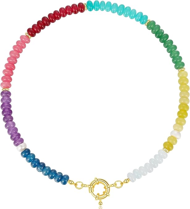 Beaded Gemstone Necklace for Women, Colorful Boho Bead Choker Natural Stone Surfer Beach Necklaces 14K Gold Plated Summer Handmade Jewelry XL-033