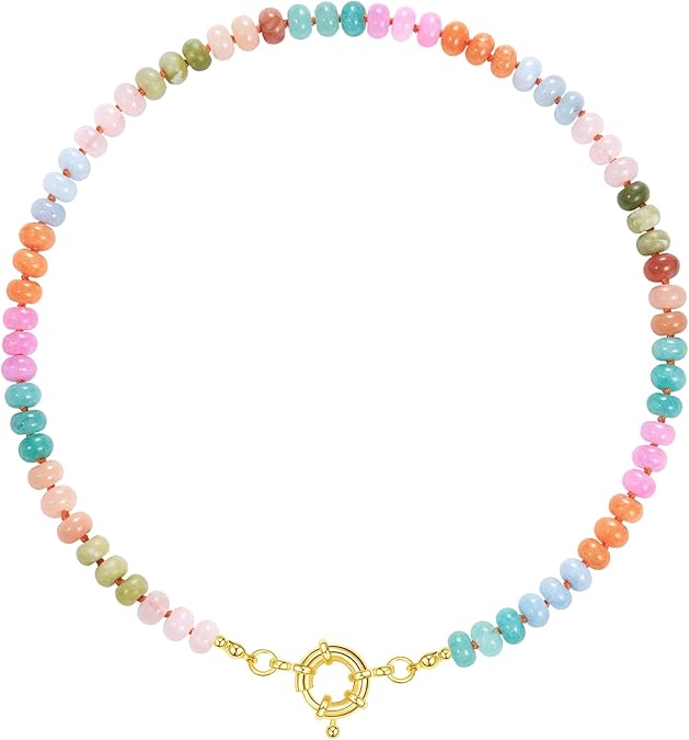 Beaded Gemstone Necklace for Women, Colorful Boho Bead Choker Natural Stone Surfer Beach Necklaces 14K Gold Plated Summer Handmade Jewelry XL-033