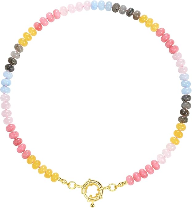 Beaded Gemstone Necklace for Women, Colorful Boho Bead Choker Natural Stone Surfer Beach Necklaces 14K Gold Plated Summer Handmade Jewelry XL-033