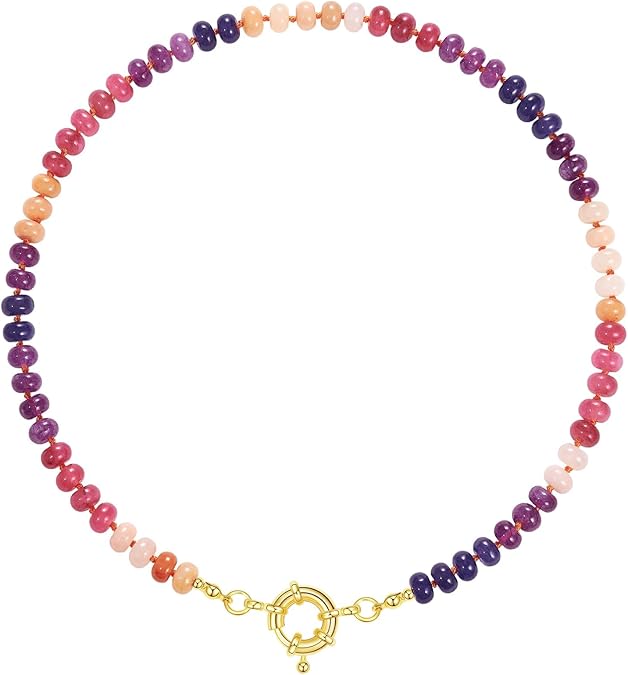 Beaded Gemstone Necklace for Women, Colorful Boho Bead Choker Natural Stone Surfer Beach Necklaces 14K Gold Plated Summer Handmade Jewelry XL-033