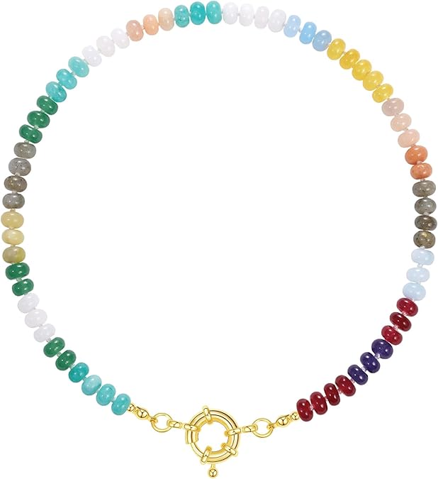 Beaded Gemstone Necklace for Women, Colorful Boho Bead Choker Natural Stone Surfer Beach Necklaces 14K Gold Plated Summer Handmade Jewelry XL-033