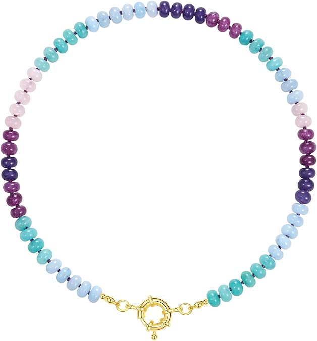 Beaded Gemstone Necklace for Women, Colorful Boho Bead Choker Natural Stone Surfer Beach Necklaces 14K Gold Plated Summer Handmade Jewelry XL-033