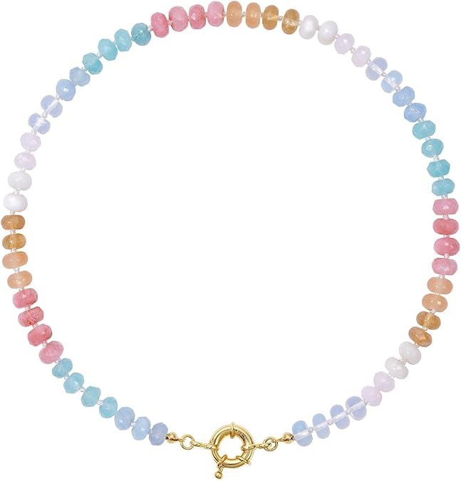 Beaded Gemstone Necklace for Women, Colorful Boho Bead Choker Natural Stone Surfer Beach Necklaces 14K Gold Plated Summer Handmade Jewelry XL-033