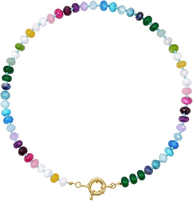 Beaded Gemstone Necklace for Women, Colorful Boho Bead Choker Natural Stone Surfer Beach Necklaces 14K Gold Plated Summer Handmade Jewelry XL-033