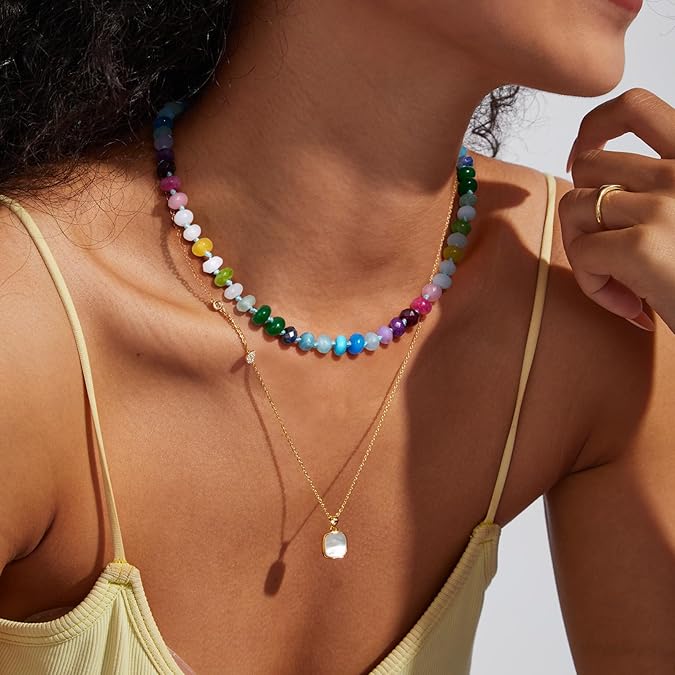 Beaded Gemstone Necklace for Women, Colorful Boho Bead Choker Natural Stone Surfer Beach Necklaces 14K Gold Plated Summer Handmade Jewelry XL-033