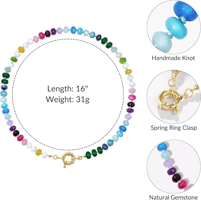 Beaded Gemstone Necklace for Women, Colorful Boho Bead Choker Natural Stone Surfer Beach Necklaces 14K Gold Plated Summer Handmade Jewelry XL-033