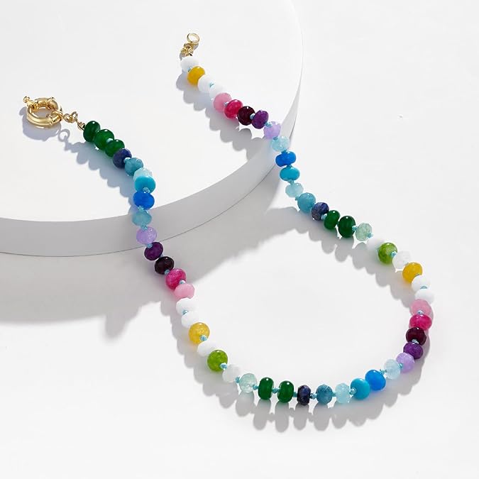 Beaded Gemstone Necklace for Women, Colorful Boho Bead Choker Natural Stone Surfer Beach Necklaces 14K Gold Plated Summer Handmade Jewelry XL-033