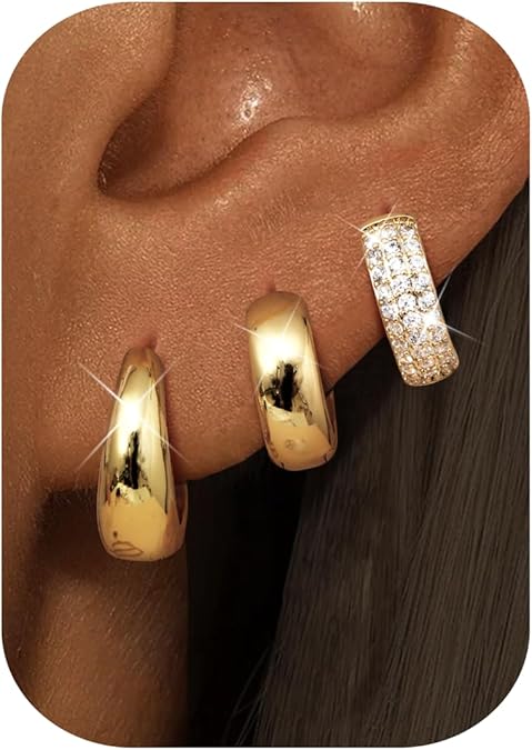 3 Pairs Silver Earrings for Women Trendy 14K Gold Plated/Sterling Silver Plated Earring Set for Multiple Small Huggie Hoop Earrings Stack Chunky Gold Hoops Hypoallergenic Lightweight Thick Jewelry EH-015