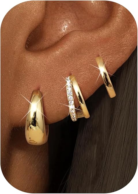 3 Pairs Silver Earrings for Women Trendy 14K Gold Plated/Sterling Silver Plated Earring Set for Multiple Small Huggie Hoop Earrings Stack Chunky Gold Hoops Hypoallergenic Lightweight Thick Jewelry EH-015