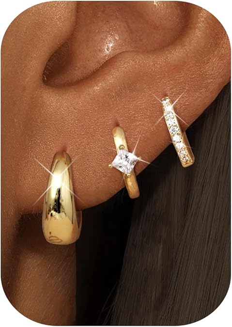 3 Pairs Silver Earrings for Women Trendy 14K Gold Plated/Sterling Silver Plated Earring Set for Multiple Small Huggie Hoop Earrings Stack Chunky Gold Hoops Hypoallergenic Lightweight Thick Jewelry EH-015